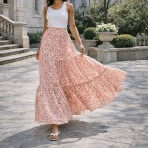 Cami NYC Nori Linen Floral Maxi Skirt Tiered Pink Size S NWT